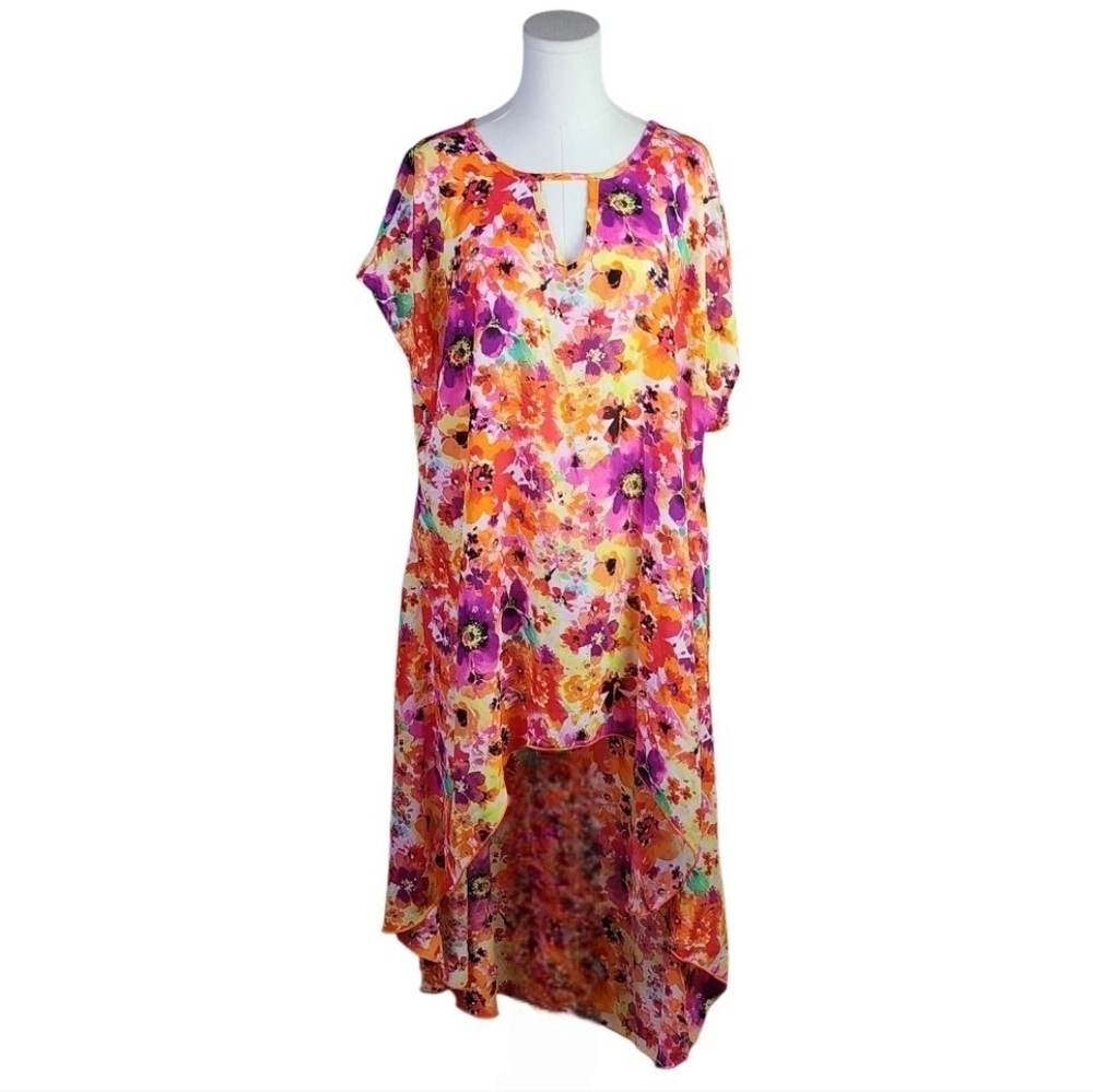 Cha Cha Vente Floral Sheer Sleeveless High-Low Cover Dress Multicolor 3X NEW